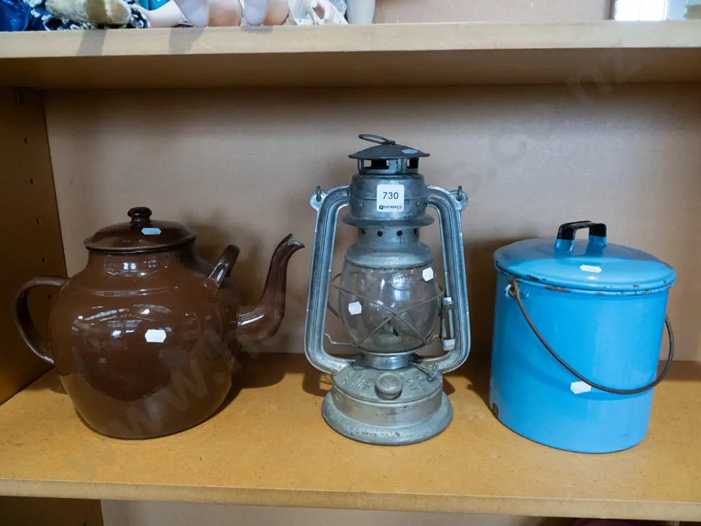 brown enamel teapot, lantern , blue enamel lidded canister Image 1++