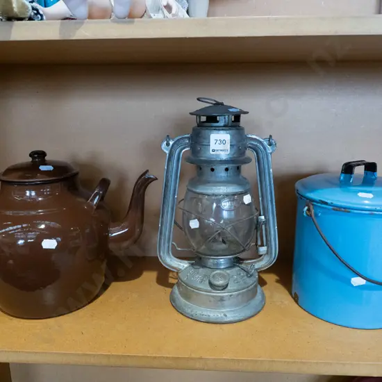 brown enamel teapot, lantern , blue enamel lidded canister