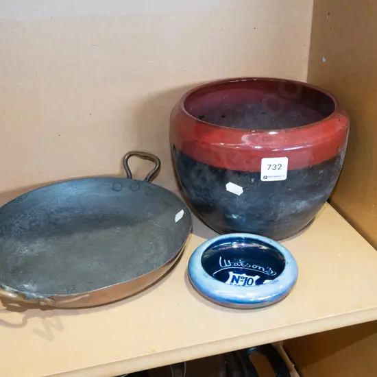 copper bowl, planter, whisky advertising ashtray