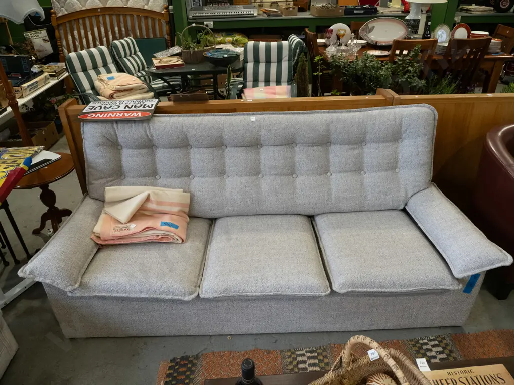 deep buttoned grey upholstered 1980s 3 seater settee  Image 1++