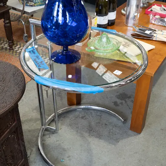 deco style chrome and glass top adjustable height end
