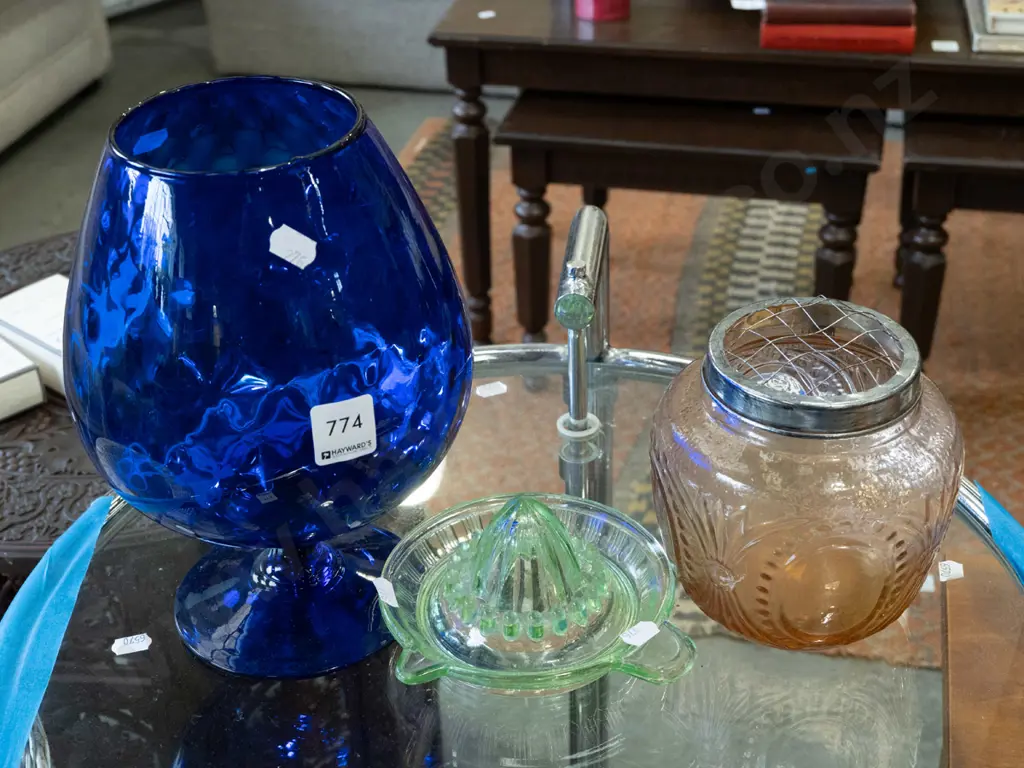 large blue glass goblet,glass  lemon squeezer, rose bowl Image 1++