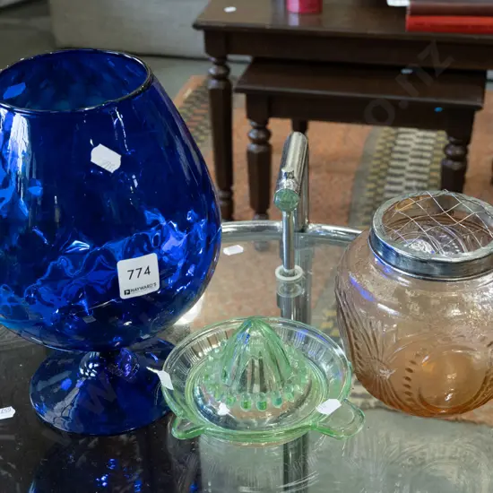 large blue glass goblet,glass  lemon squeezer, rose bowl
