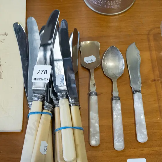 bone handled knives, mother of pearl spoons etc