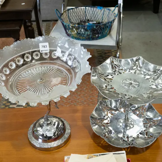 2 tier chrome cake plate, comport H250