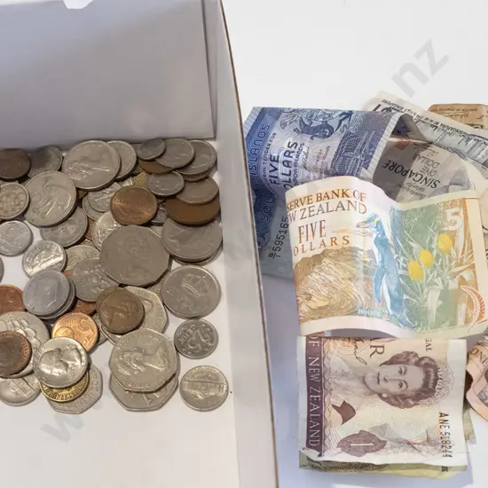 box of coins & bank notes