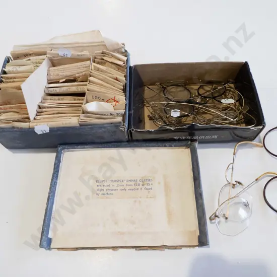 box of vintage eyeglasses, frames & part frames and a box of watch crystals