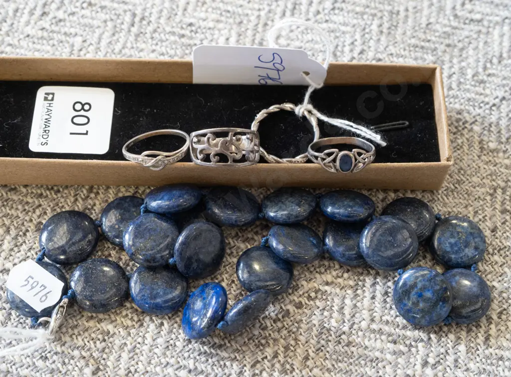 4x sterling silver rings & blue stone necklace Image 1++