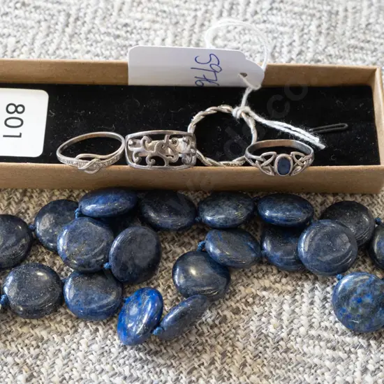 4x sterling silver rings & blue stone necklace
