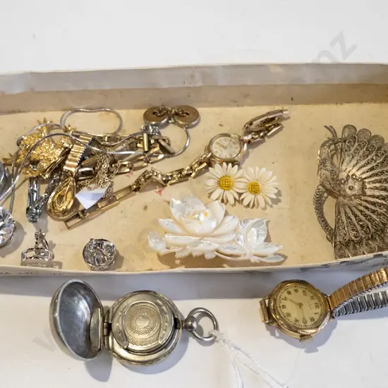 tray of costume jewellery, including sterling silver peacock brooch