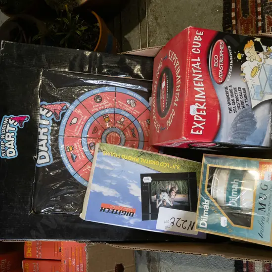 box; various games, digital photo frame, mugs etc