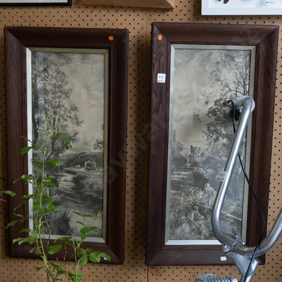 pair of oak framed black and white prints - orange dots