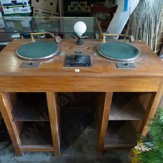 vintage restorer's Cu-Tone dual gramophone in solid rimu cabinet - As Is No Returns - H870 W1150 D560