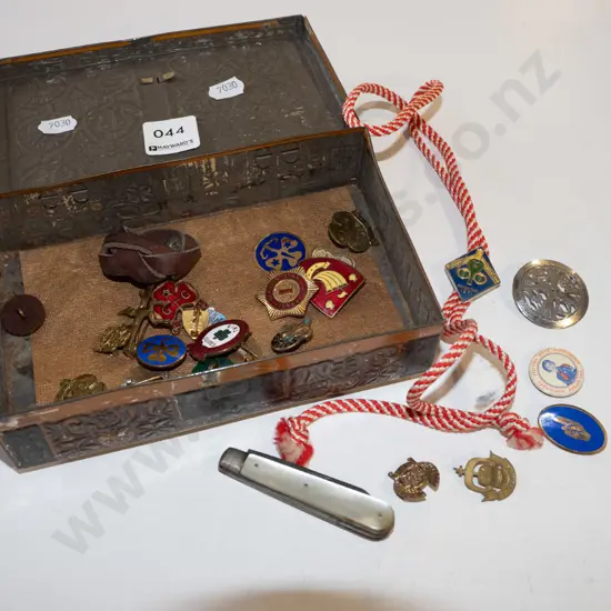 vintage tin; various Girl Guides badges, pocket knife