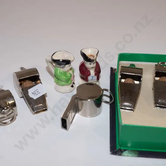 tray; whistles,2x  tiny Devon toby jugs
