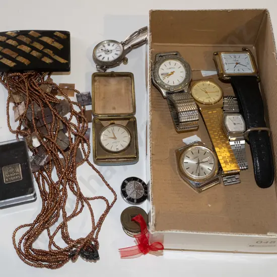 tray; watches, badges, jewellery