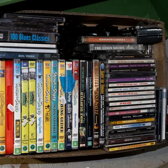 box; DVDs, CDs, 3D glasses