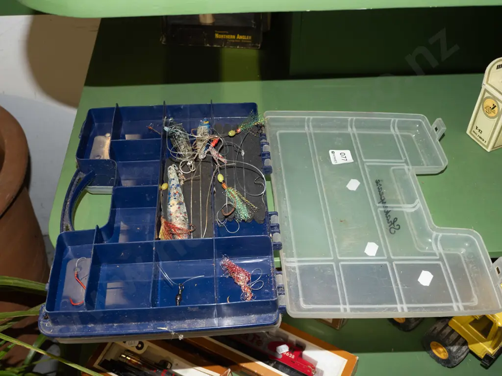 fishing books, tackle box and contents Image 1++