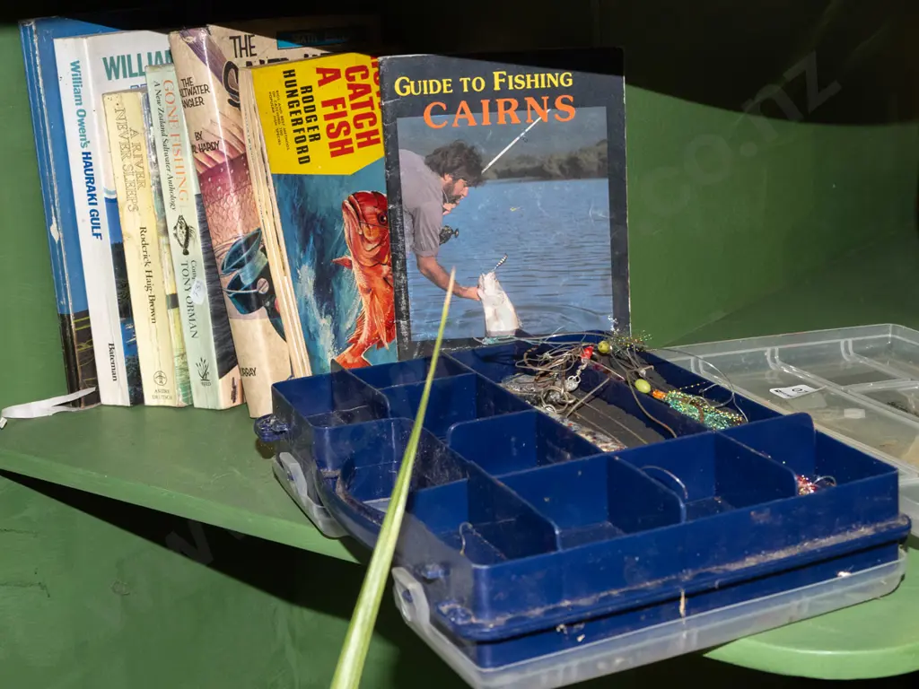 fishing books, tackle box and contents Image 1++