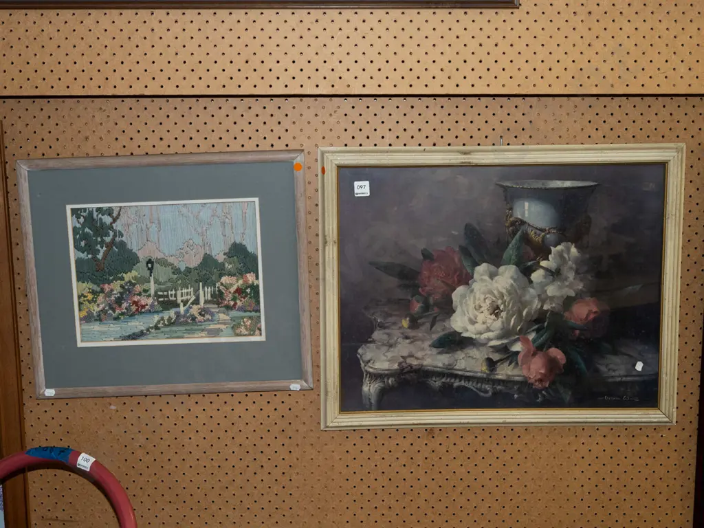 framed Vincent Ward still life print - peonies - mould behind glass, framed needlework - oraneg dots Image 1++