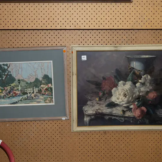 framed Vincent Ward still life print - peonies - mould behind glass, framed needlework - oraneg dots