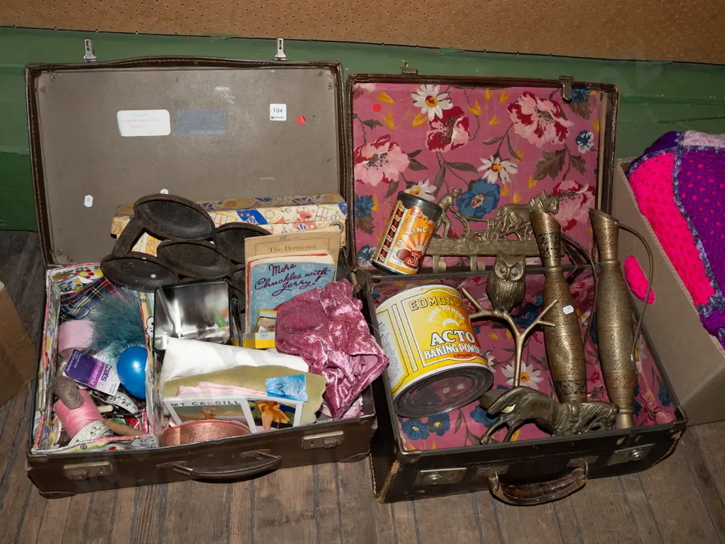2x suitcases; tins, brass vases, gem irons etc - red dots Image 1++