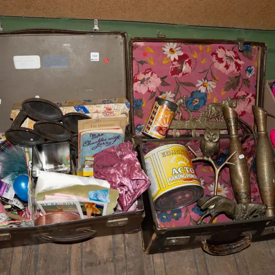 2x suitcases; tins, brass vases, gem irons etc - red dots