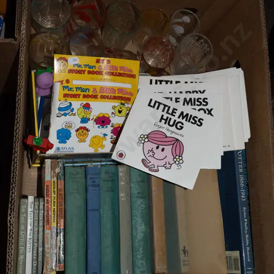 box; books, retro tumblers etc