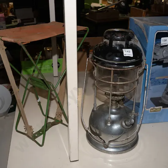 Tilley lantern, small metal and canvas stool