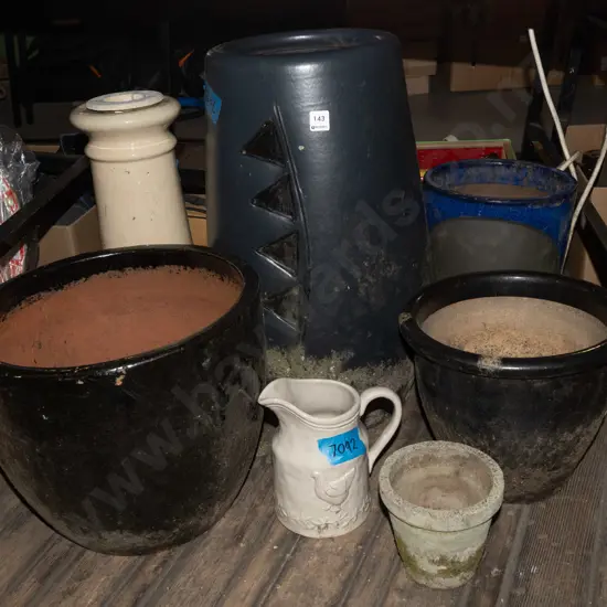 various garden planters, ceramic jardiniere stand, small French themed glazed jug Tallest H590