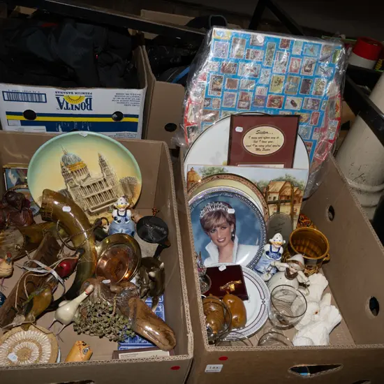 2x boxes; puzzles, Princess Di plates, figurines etc - red dots