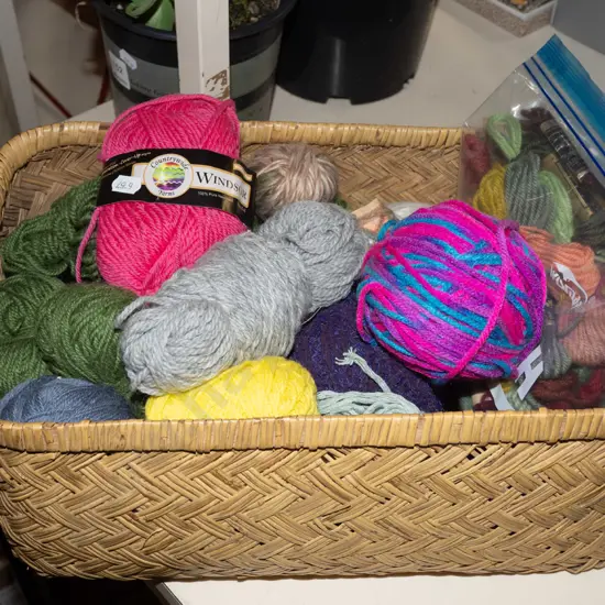 box; knitting yarns, needlework threads