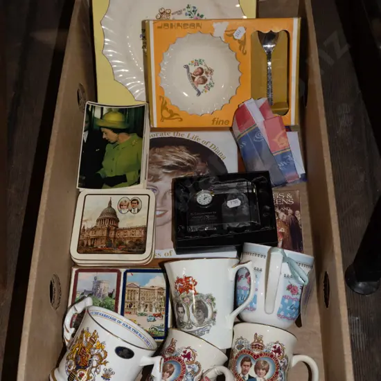 box; coffee cups, royal memorabilia, playing cards etc