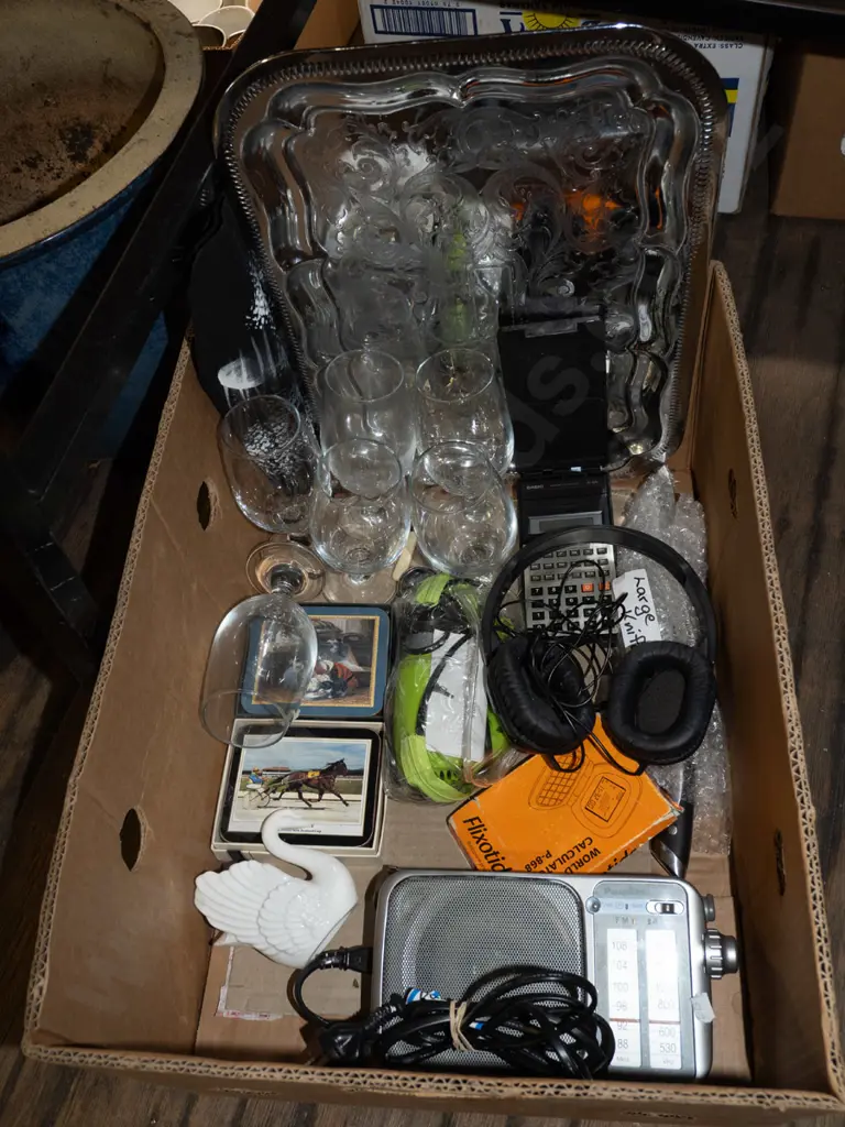 box; plated ware tray, radio, wine glasses etc Image 1++