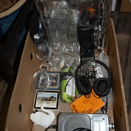 box; plated ware tray, radio, wine glasses etc