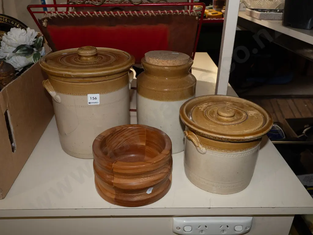 3x salt glazed storage crocks, wooden bowl Tallest H230 - some cracks and chips Image 1++