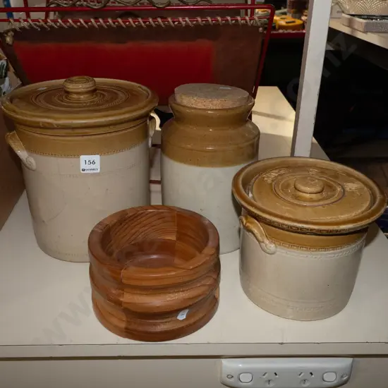 3x salt glazed storage crocks, wooden bowl Tallest H230 - some cracks and chips