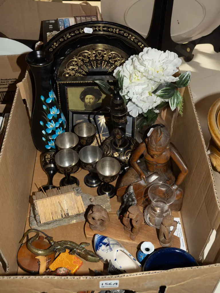 box; etched metal tray and decanter set, wooden animal figure, faux flowers Image 1++