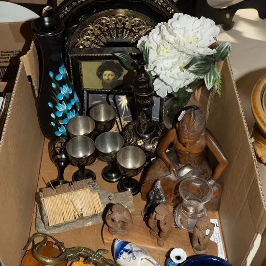 box; etched metal tray and decanter set, wooden animal figure, faux flowers