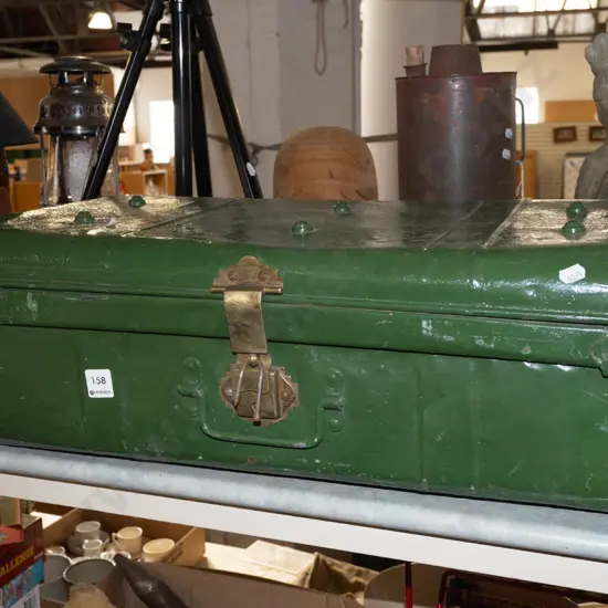 green painted vintage tin trunk