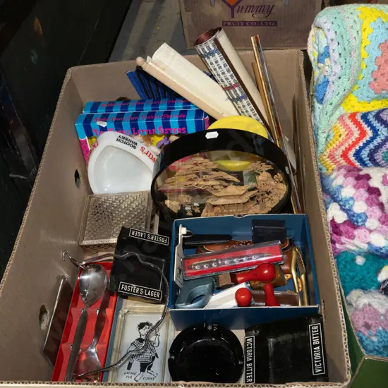box; stamps, dolls, ashtrays etc