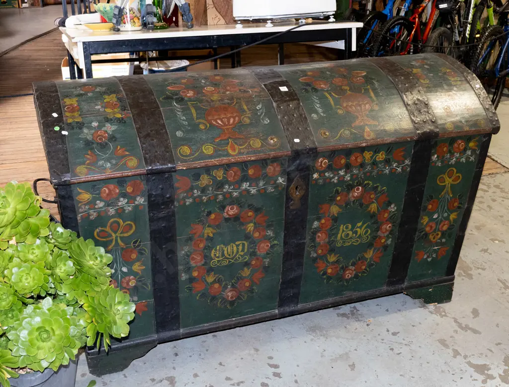 very large Scandinavian oak dowry / storage chest with domed top, metal strapping and carry handles, hand painted folk Image 1++