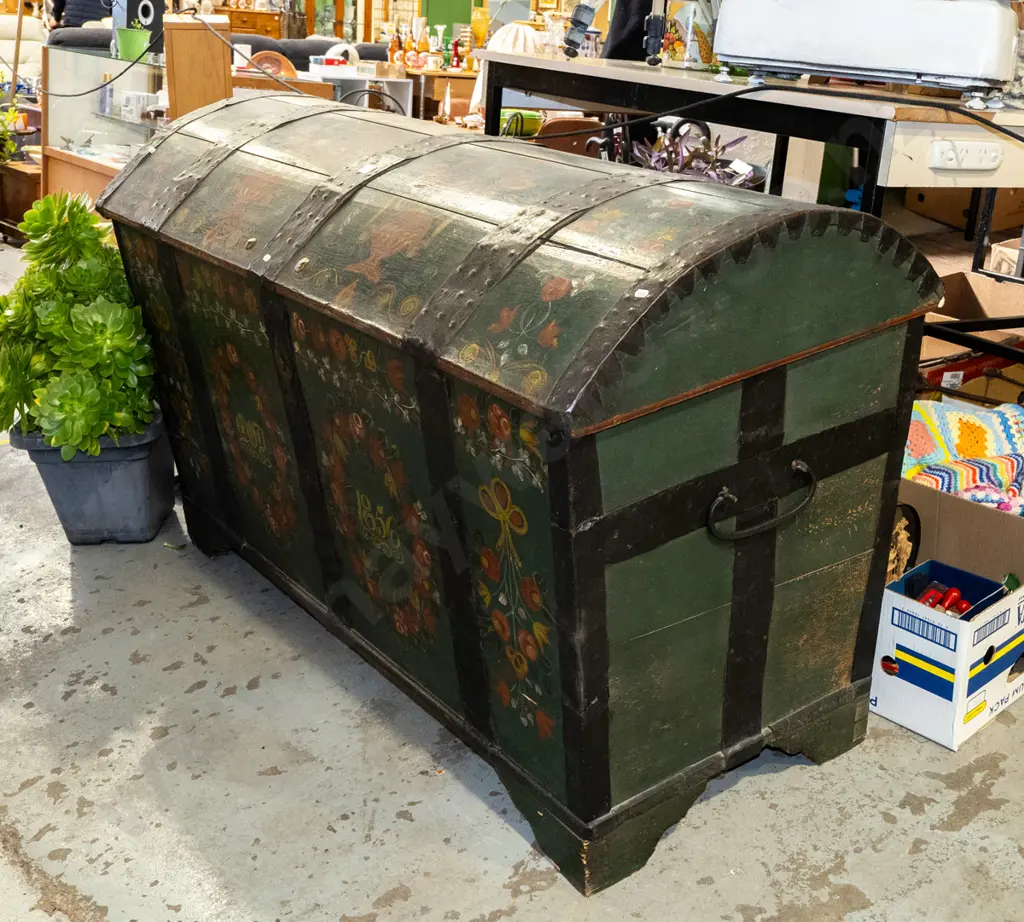 very large Scandinavian oak dowry / storage chest with domed top, metal strapping and carry handles, hand painted folk Image 1++