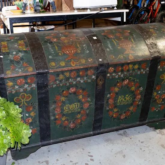 very large Scandinavian oak dowry / storage chest with domed top, metal strapping and carry handles, hand painted folk