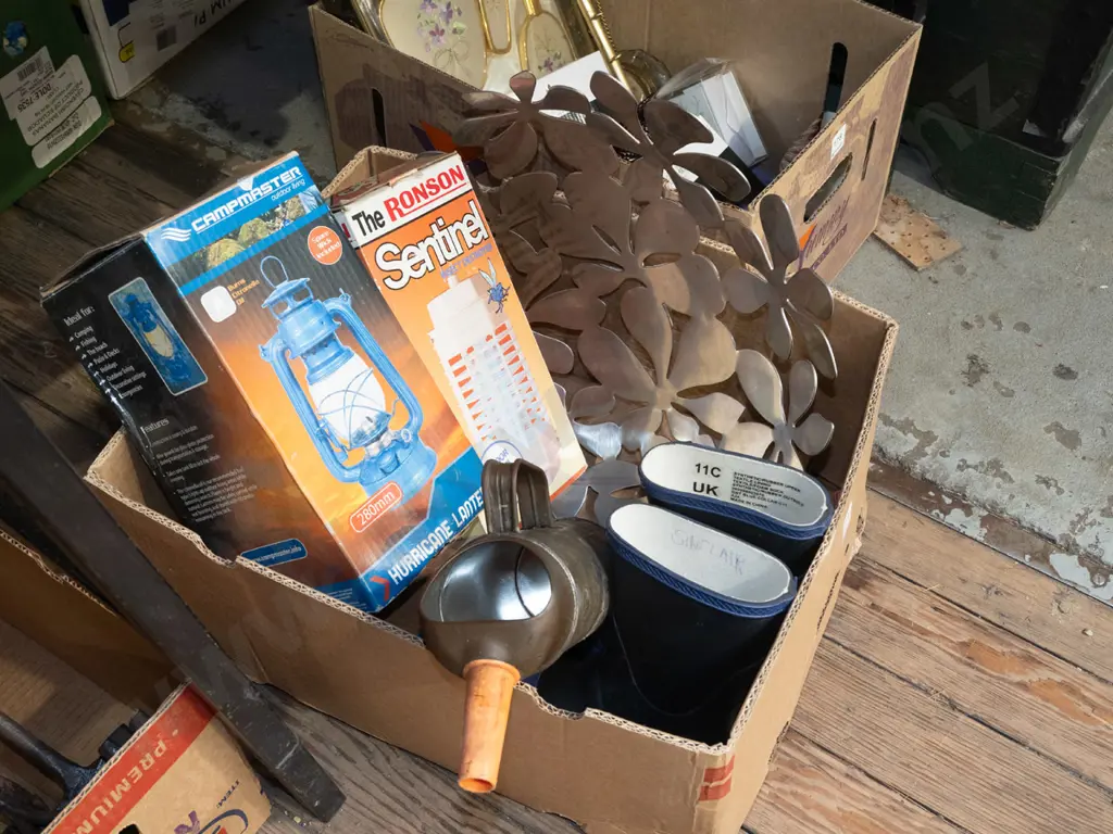 box; hurricane lantern, insect light, child's gumboots etc Image 1++