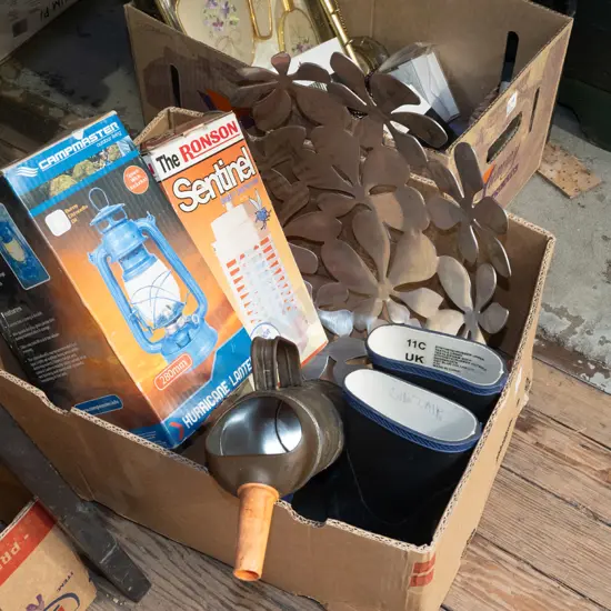 box; hurricane lantern, insect light, child's gumboots etc