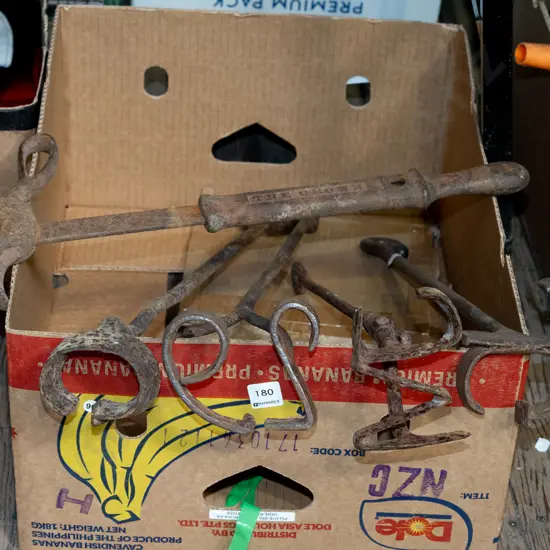 box; branding irons, vintage nail puller