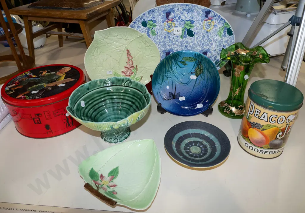 Carlton ware dishes, green glass vase, vintage tin etc Image 1++
