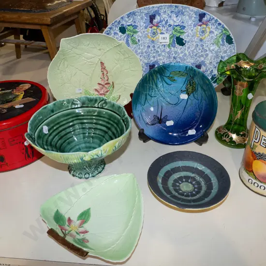 Carlton ware dishes, green glass vase, vintage tin etc
