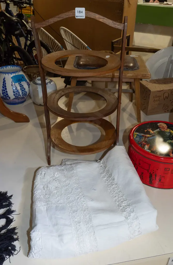 oak 3 tier cake stand, vintage tin, tablecloth Image 1++